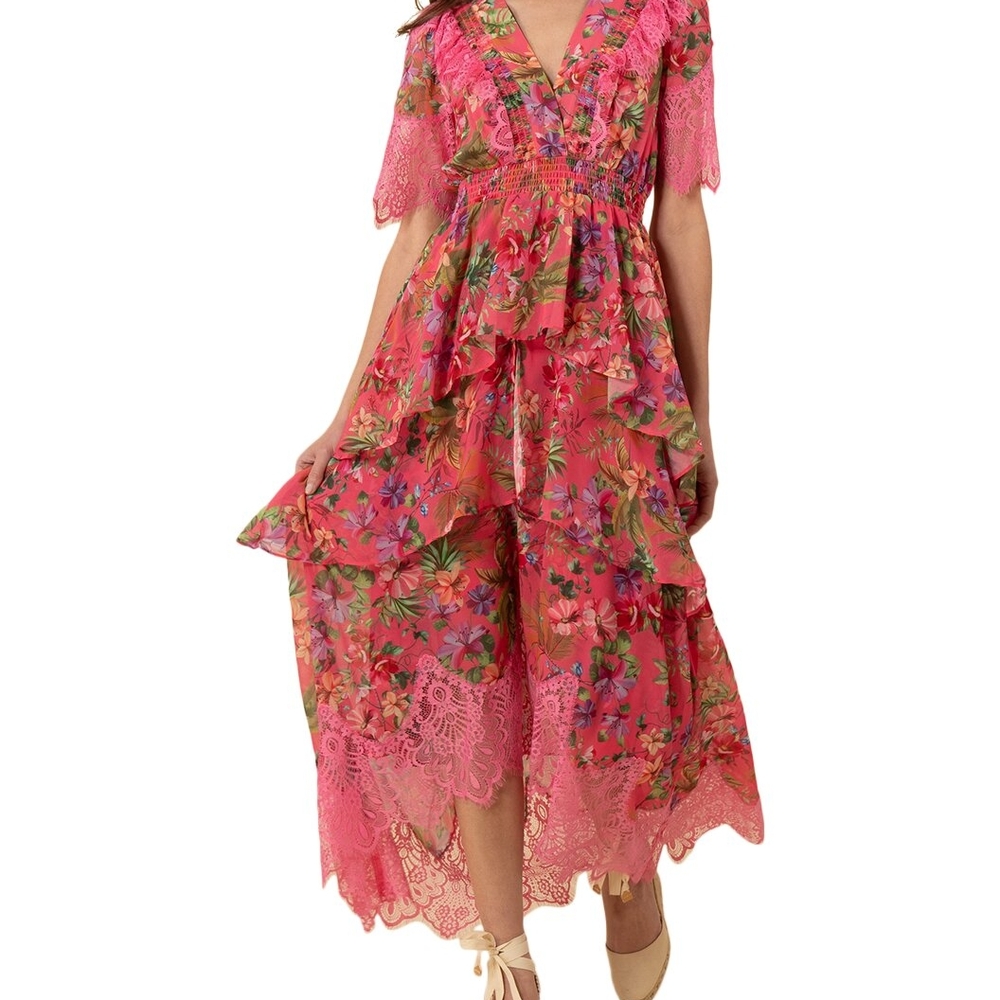 Hale Bob Pink Floral High-Low Chiffon Dress